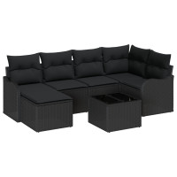 Produktbild för Trädgårdsoffset med kudde 7 pcs Svart Poly rattan