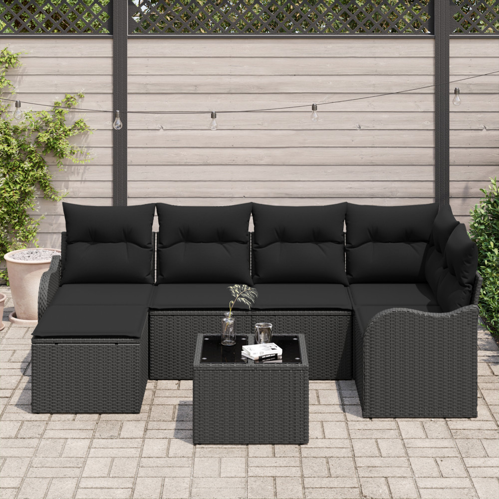 Produktbild för Trädgårdsoffset med kudde 7 pcs Svart Poly rattan