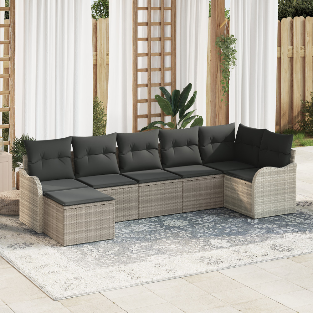 Produktbild för Trädgårdsoffset med kudde 7 pcs Ljusgrå Poly rattan