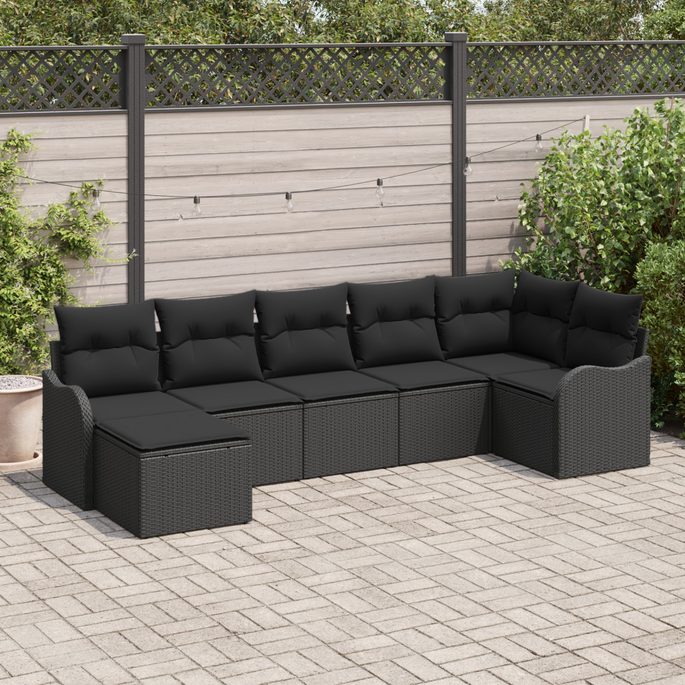 Produktbild för Trädgårdsoffset med kudde 7 pcs Svart Poly rattan