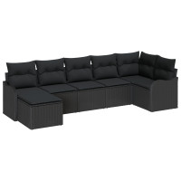 Produktbild för Trädgårdsoffset med kudde 7 pcs Svart Poly rattan
