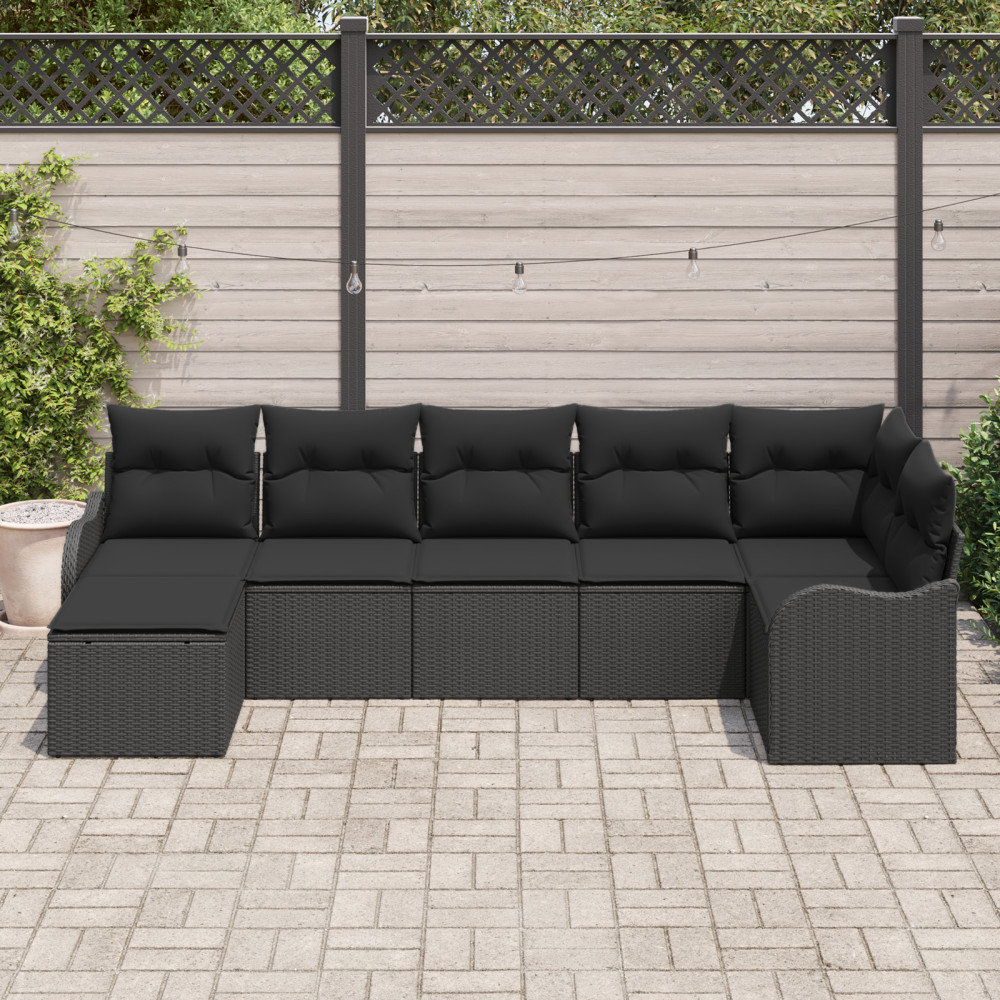 Produktbild för Trädgårdsoffset med kudde 7 pcs Svart Poly rattan