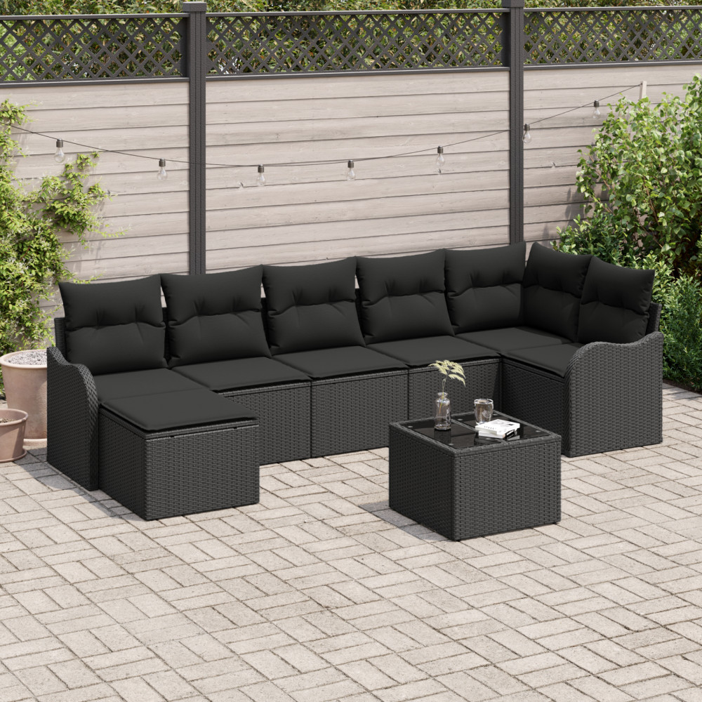 Produktbild för Trädgårdsoffset med kudde 8 pcs Svart Poly rattan