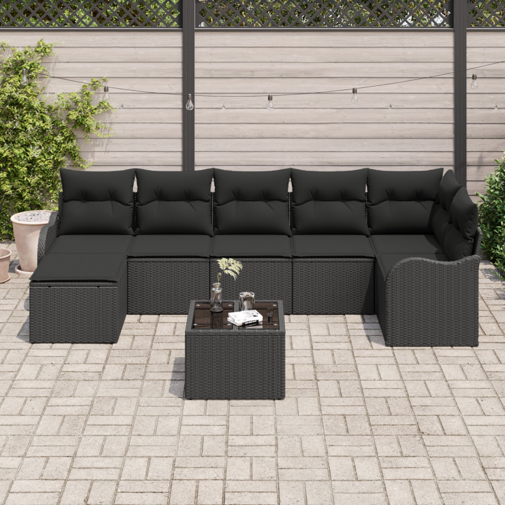 Produktbild för Trädgårdsoffset med kudde 8 pcs Svart Poly rattan