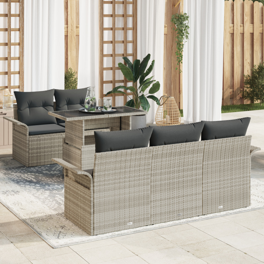 Produktbild för Trädgårdsoffset med kudde med lagring 6 pcs Ljusgrå Poly Rattan