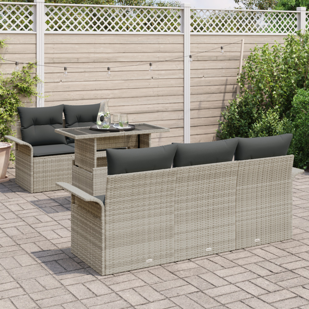 Produktbild för Trädgårdsoffset med kudde med lagring 6 pcs Ljusgrå Poly Rattan