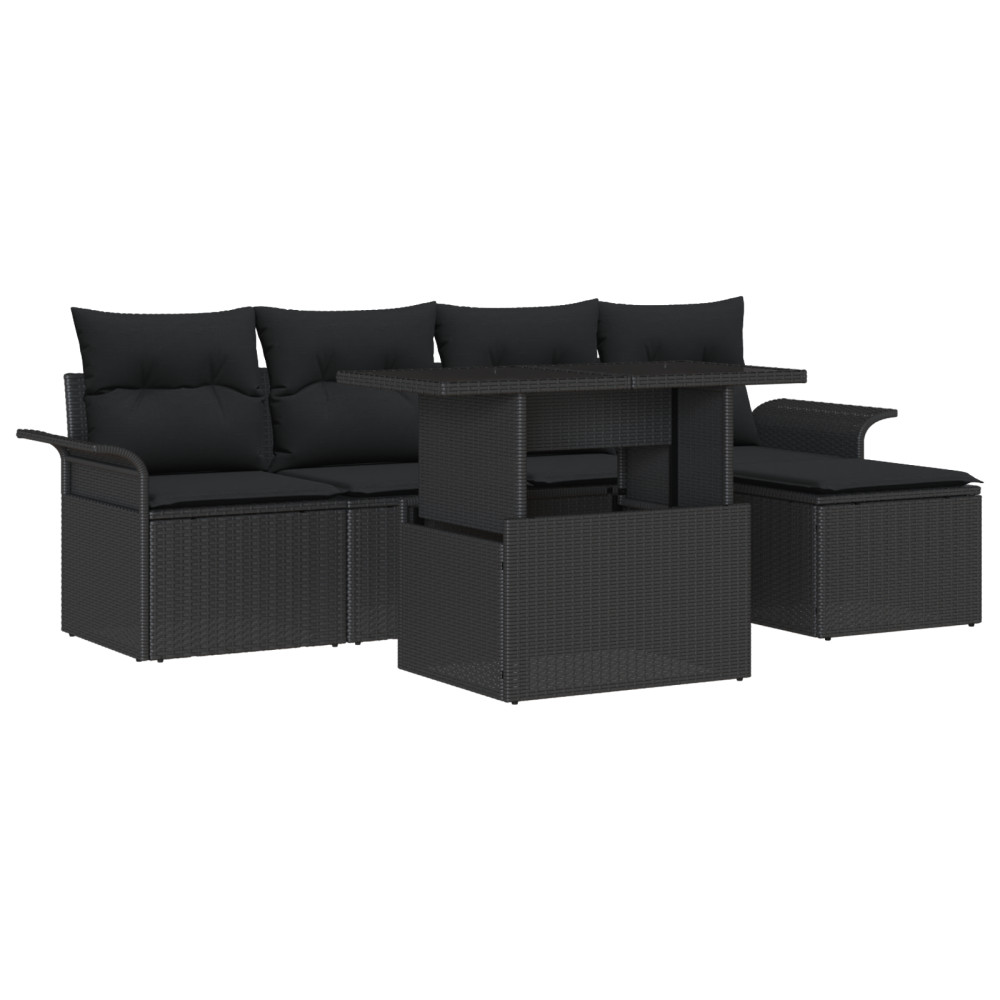 Produktbild för Trädgårdsoffset med kudde med lagring 6 pcs Svart Poly rattan