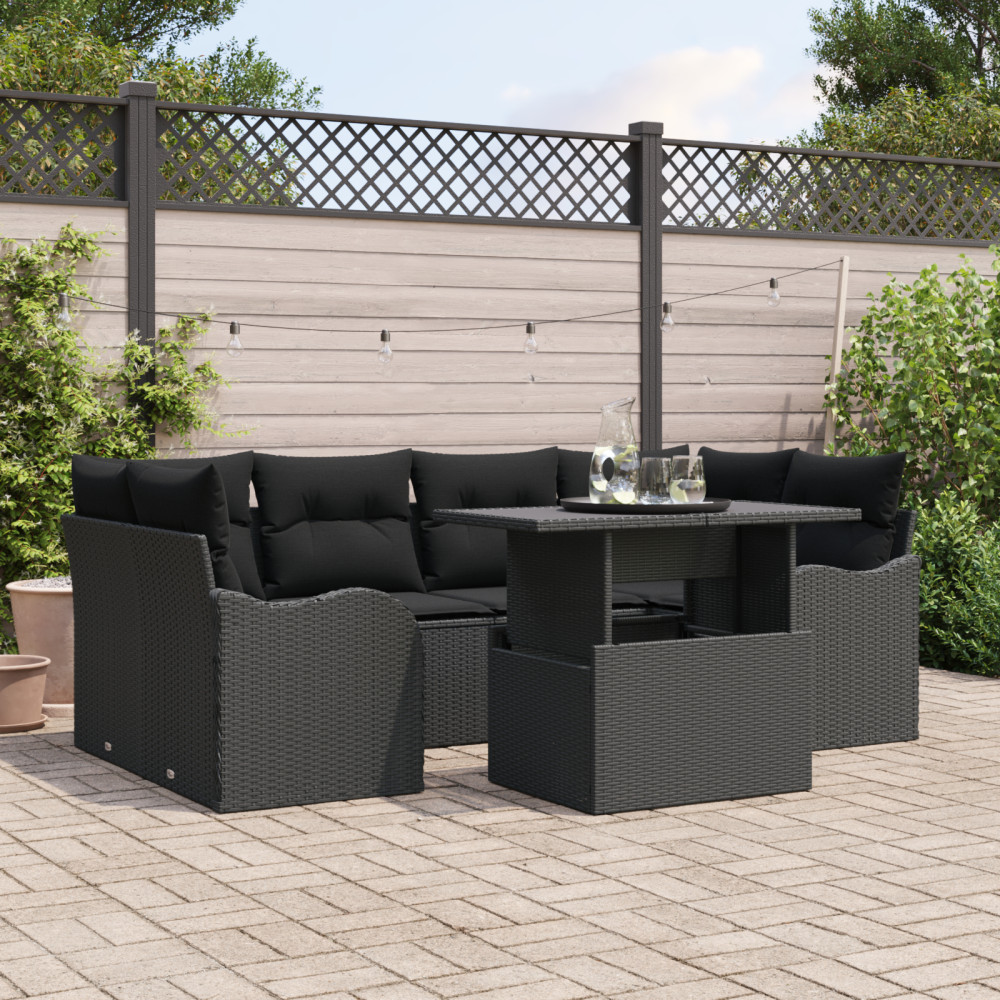 Produktbild för Trädgårdsoffset med kudde med lagring 7 pcs Svart Poly Rattan