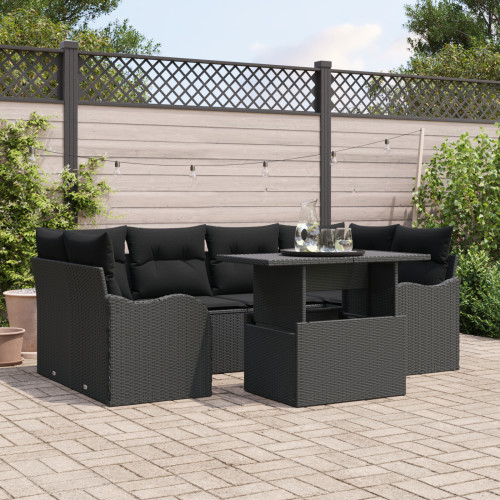 vidaXL Trädgårdsoffset med kudde med lagring 7 pcs Svart Poly Rattan