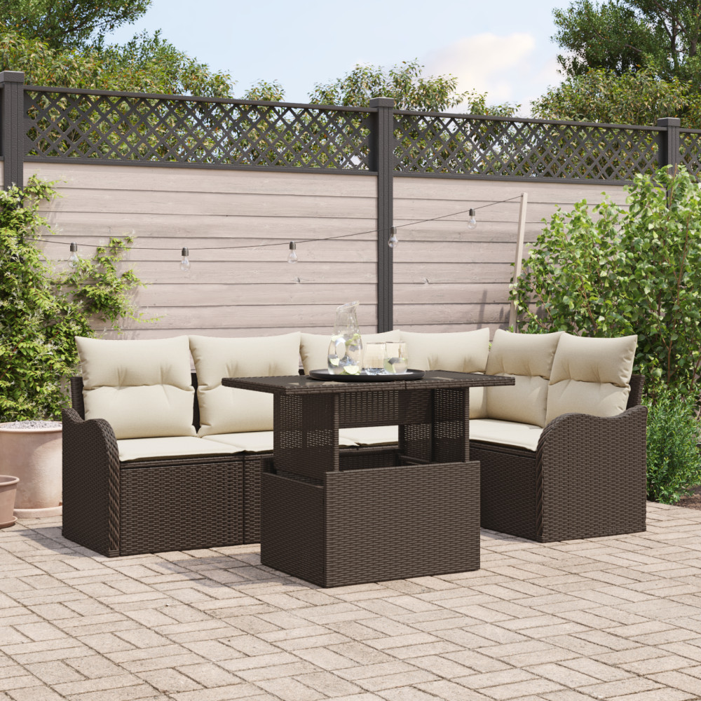 Produktbild för Trädgårdsoffset med kudde med kudde 6 pcs Brun Poly Rattan