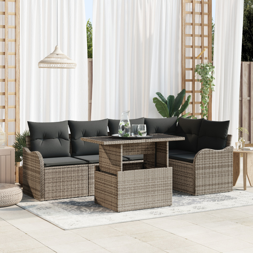 Produktbild för Trädgårdsoffset med kudde med kudde 6 pcs Grå Poly Rattan