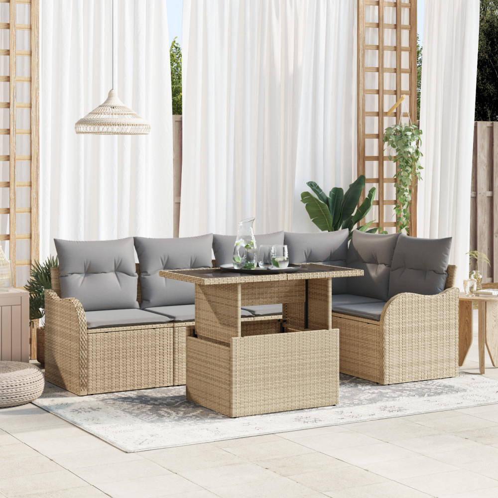 Produktbild för Trädgårdsoffset med kudde med kudde 6 pcs Beige Poly Rattan