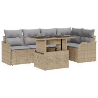 Produktbild för Trädgårdsoffset med kudde med kudde 6 pcs Beige Poly Rattan