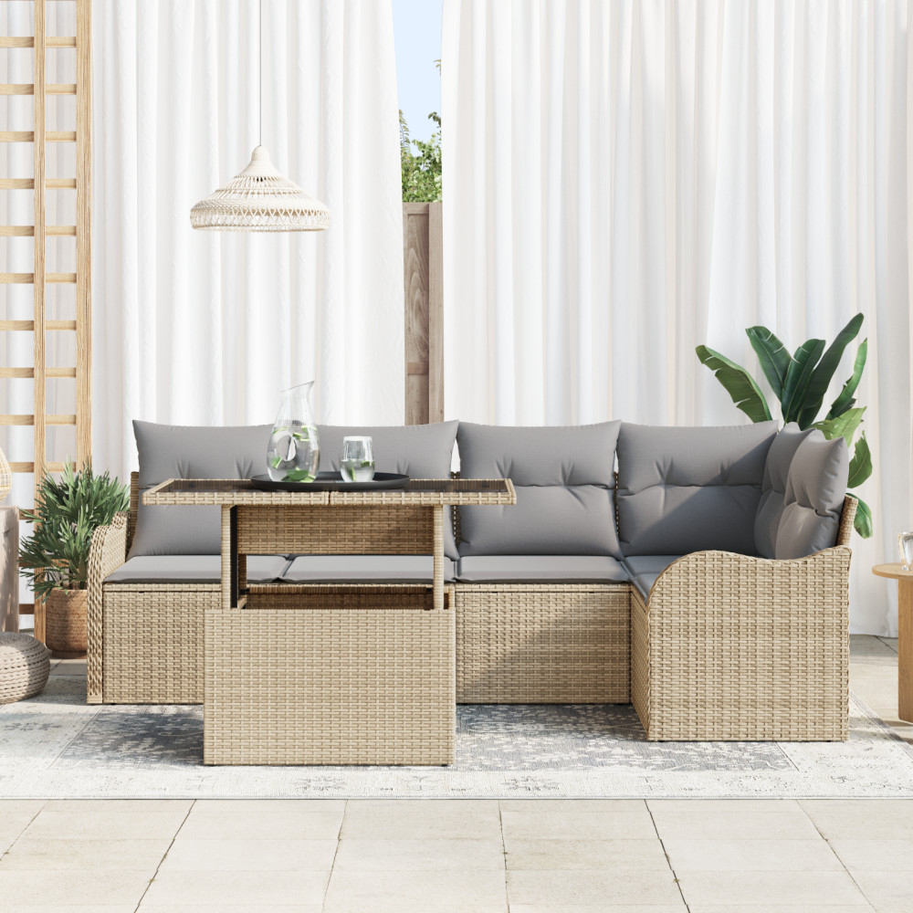 Produktbild för Trädgårdsoffset med kudde med kudde 6 pcs Beige Poly Rattan