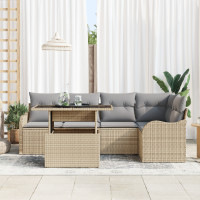 Produktbild för Trädgårdsoffset med kudde med kudde 6 pcs Beige Poly Rattan