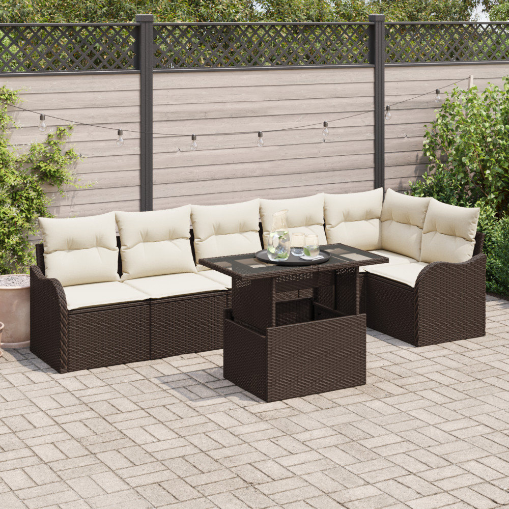 Produktbild för Trädgårdsoffset med kudde med kudde 7 pcs Brun Poly Rattan
