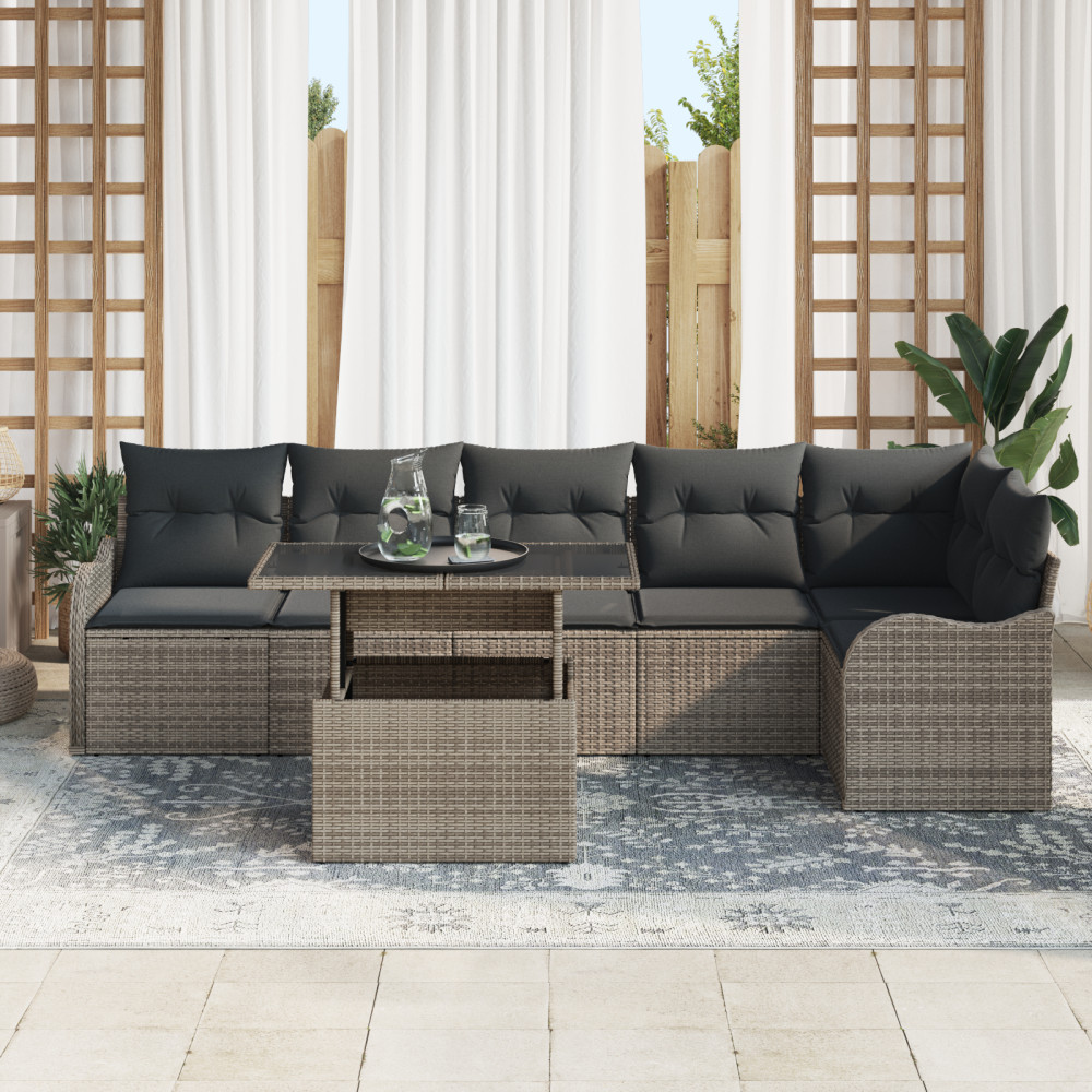 Produktbild för Trädgårdsoffset med kudde med kudde 7 pcs Grå Poly Rattan