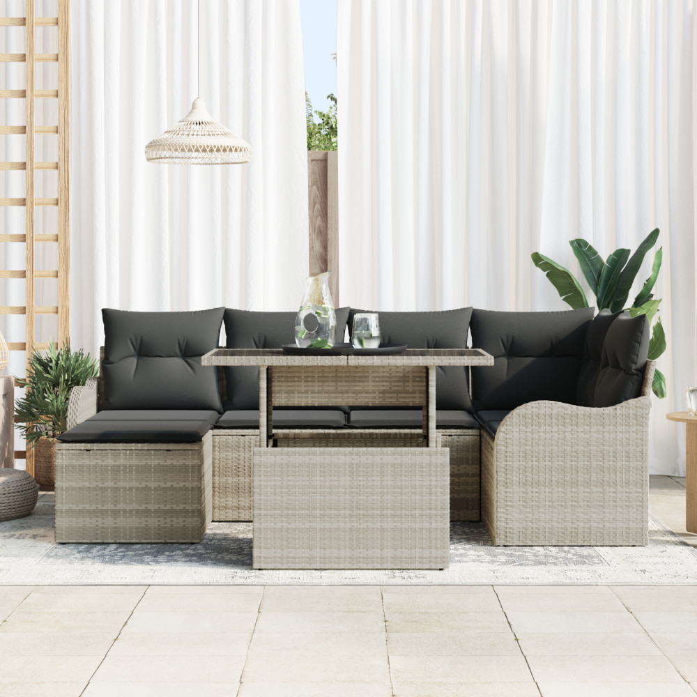 Produktbild för Trädgårdsoffset med kudde med lagring 7 pcs Ljusgrå Poly rattan