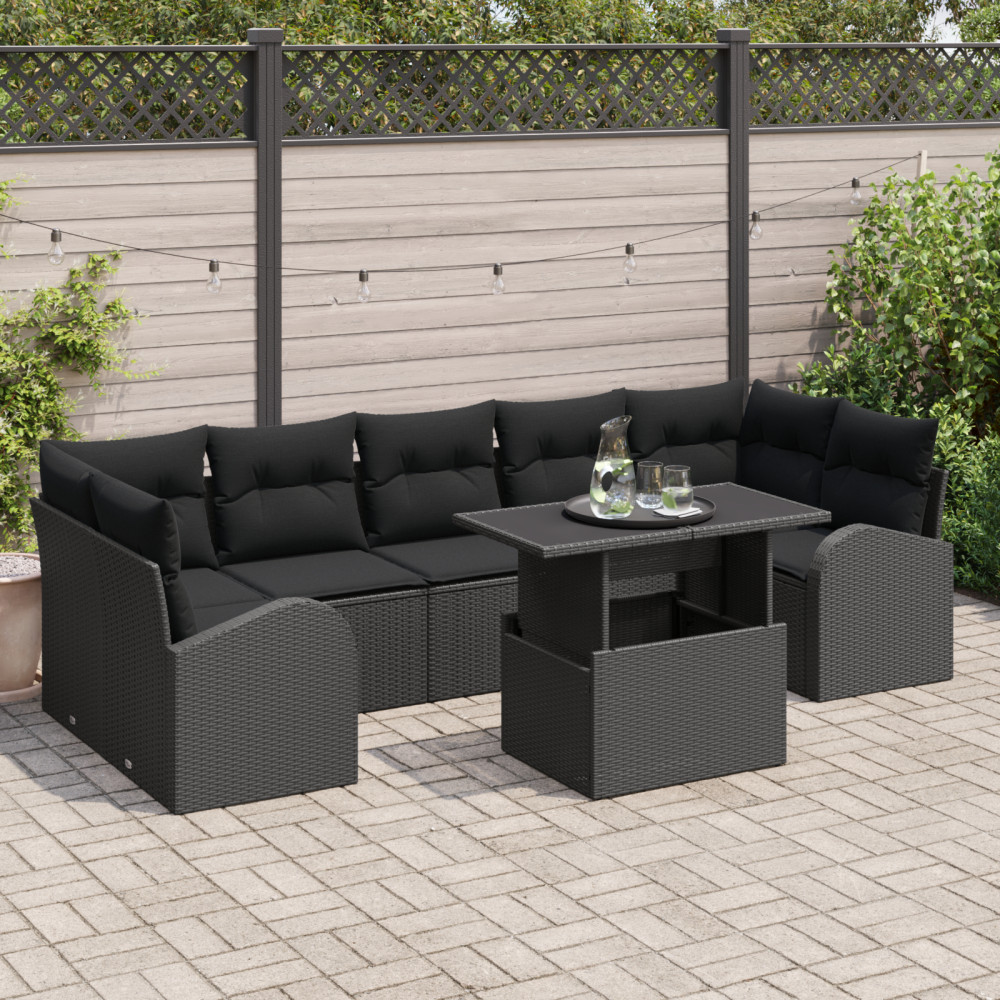 Produktbild för Trädgårdsoffset med kudde med lagring 8 pcs Svart Poly Rattan