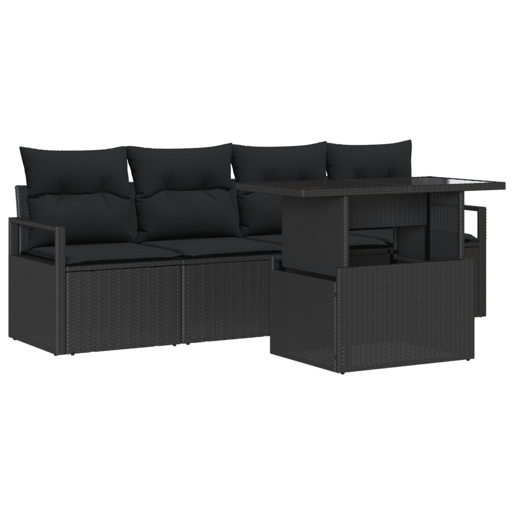 Produktbild för Trädgårdsoffset med kudde med lagring 5 pcs Svart Poly rattan