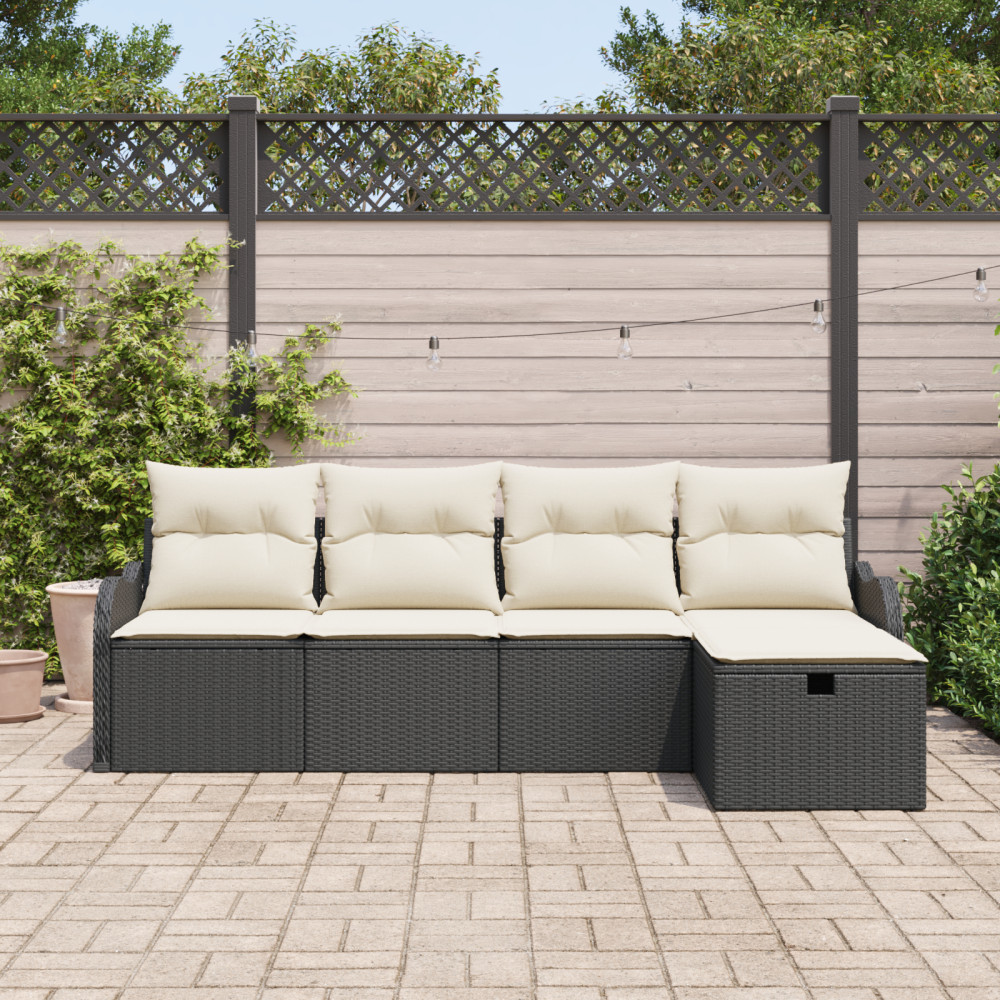 Produktbild för Trädgårdsoffset med kudde 5 pcs Svart och gräddvit Poly rattan