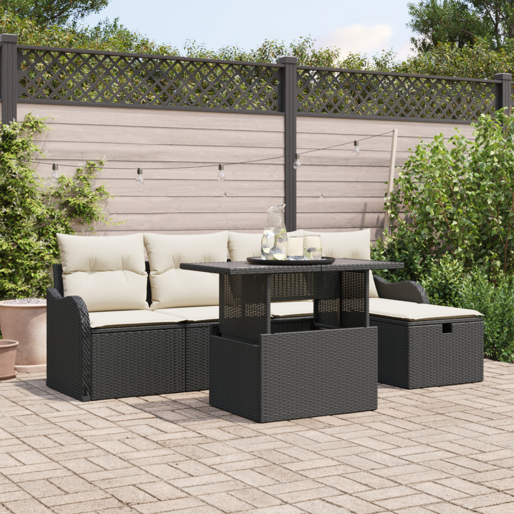 Produktbild för Trädgårdsoffset med kudde med lagring 6 pcs Svart Poly rattan
