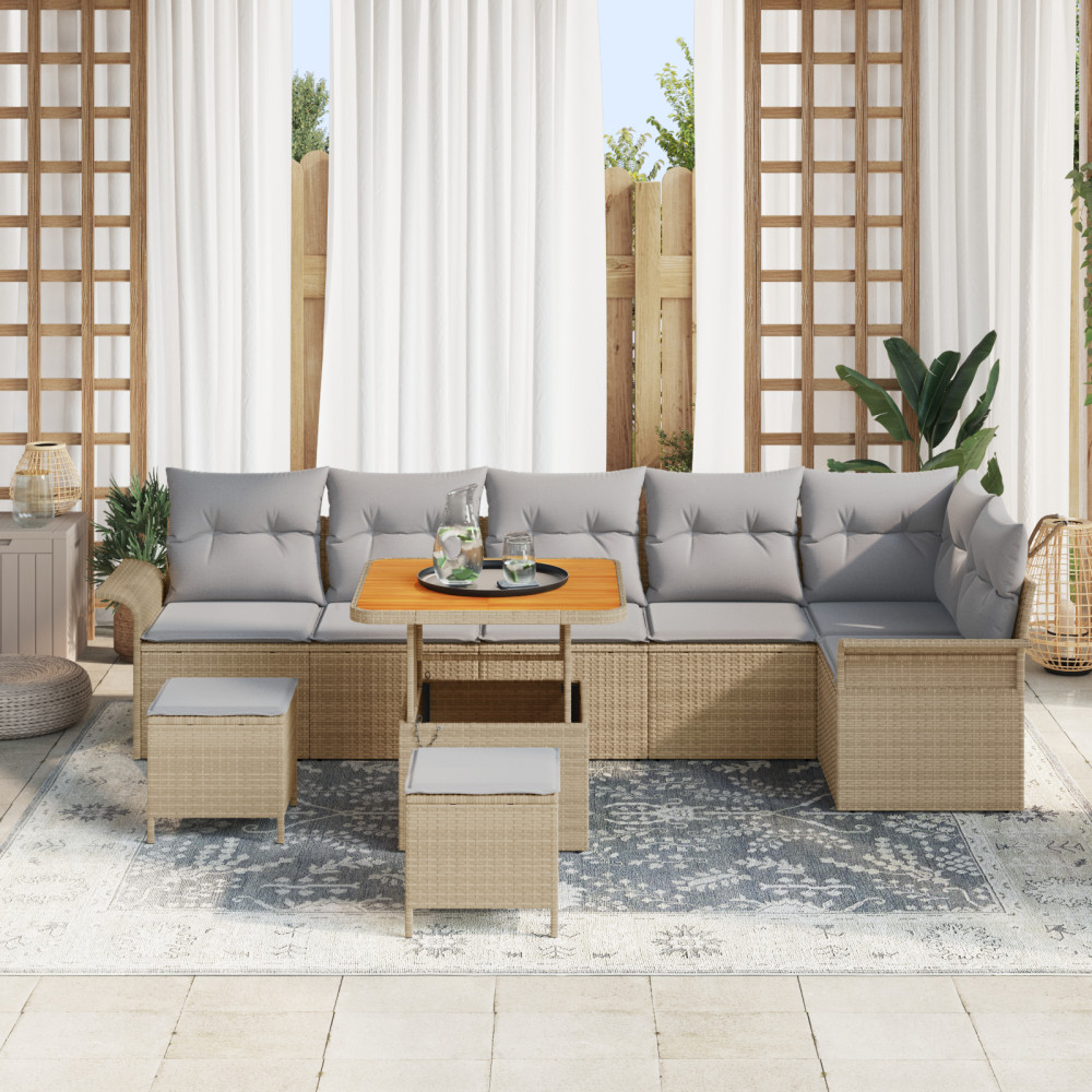 Produktbild för Trädgårdsoffset med kudde 9 pcs Beige konstrotting