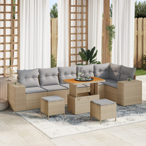 vidaXL Trädgårdsoffset med kudde 9 pcs Beige och Ljusgrå konstrotting