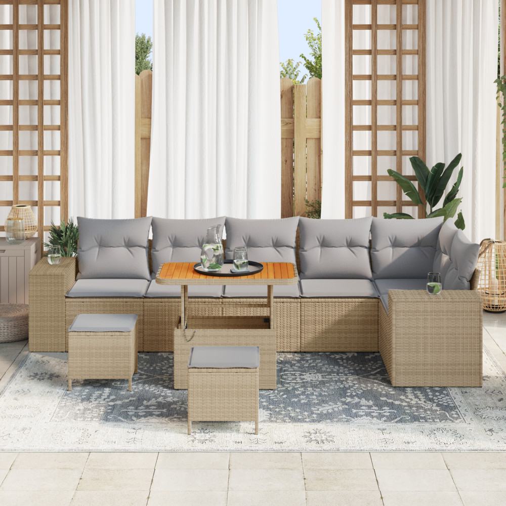 Produktbild för Trädgårdsoffset med kudde 9 pcs Beige och Ljusgrå konstrotting