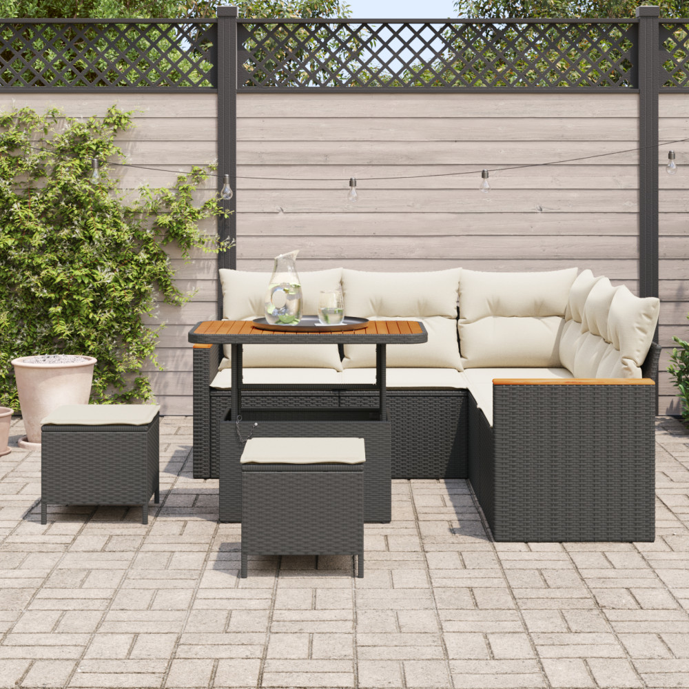 Produktbild för Trädgårdsoffset med kudde 8 pcs Svart Poly rattan