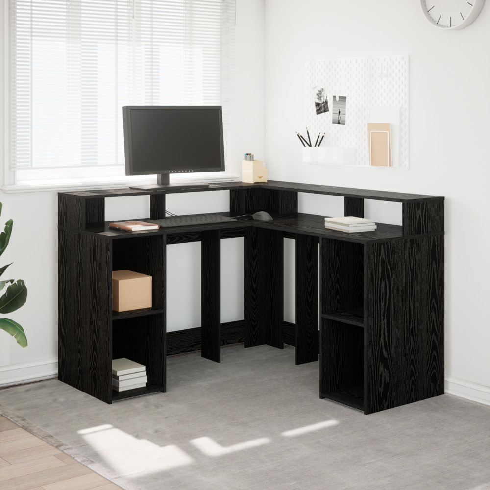 Produktbild för Skrivbord med hylla Svart Ek 130 x 130 x 91 cm Konstruerat trä