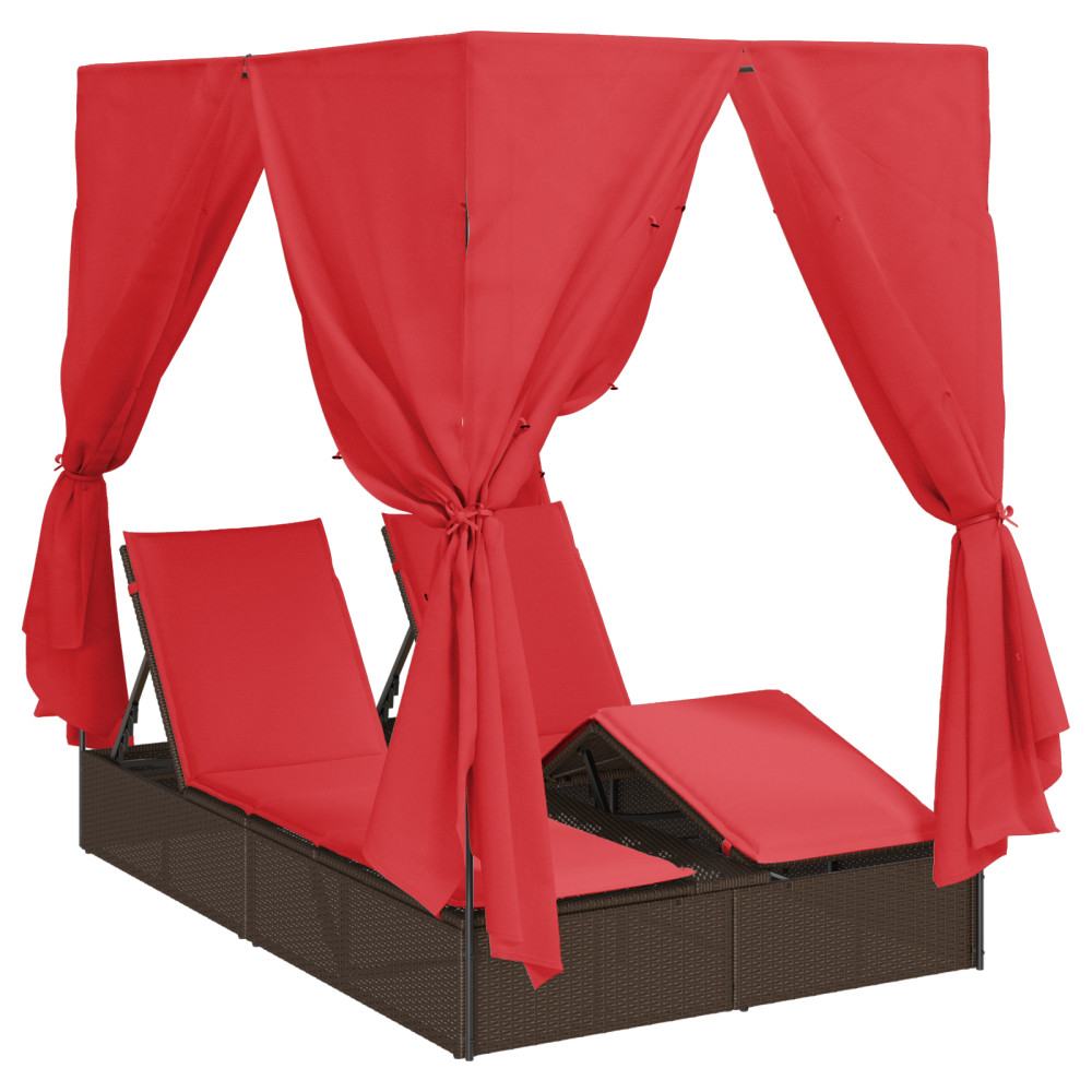Produktbild för Dubbel solstol med gardiner Röd 205 x 129 x 200 cm konstrotting