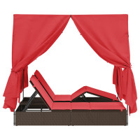 Produktbild för Dubbel solstol med gardiner Röd 205 x 129 x 200 cm konstrotting