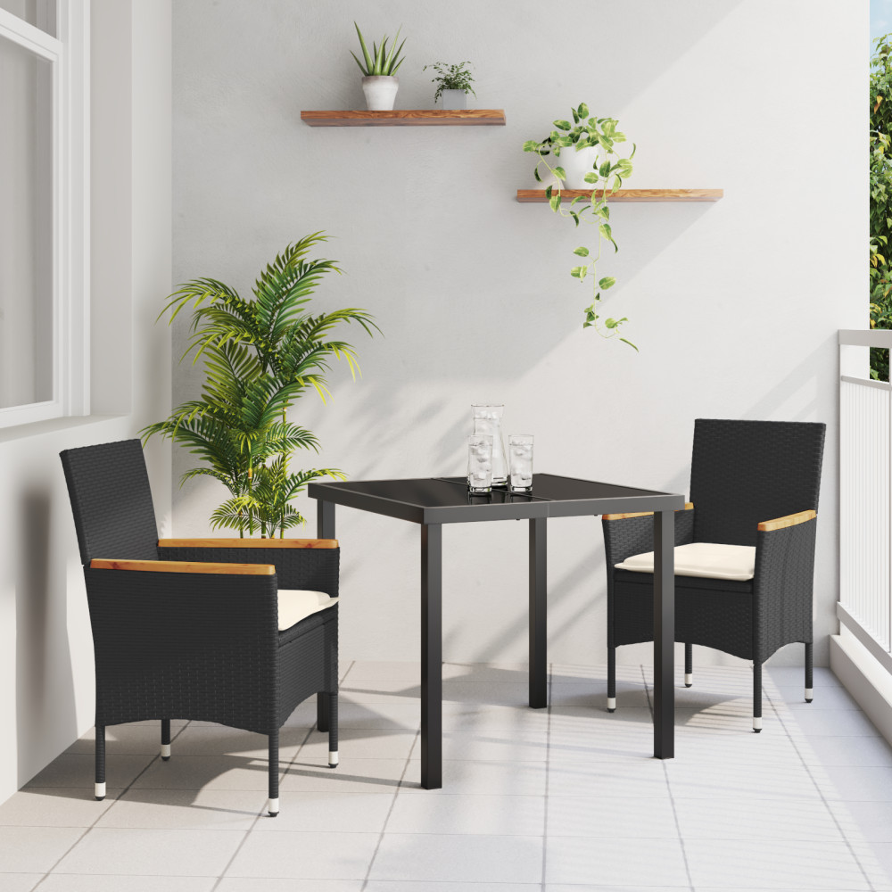 Produktbild för Trädgårdsmöbelset med kudde 3 pcs Svart konstrotting