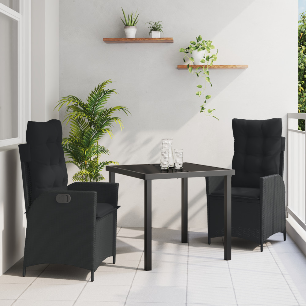 Produktbild för Trädgårdsmöbelset med kudde 3 pcs Svart konstrotting