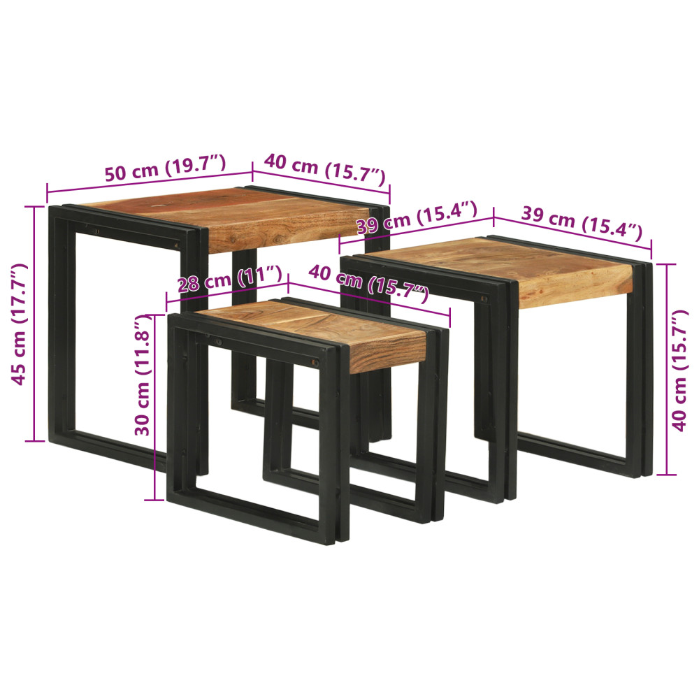 Produktbild för Nestingbord 3 pcs Brun och svart Massivt akaciaträ och metall