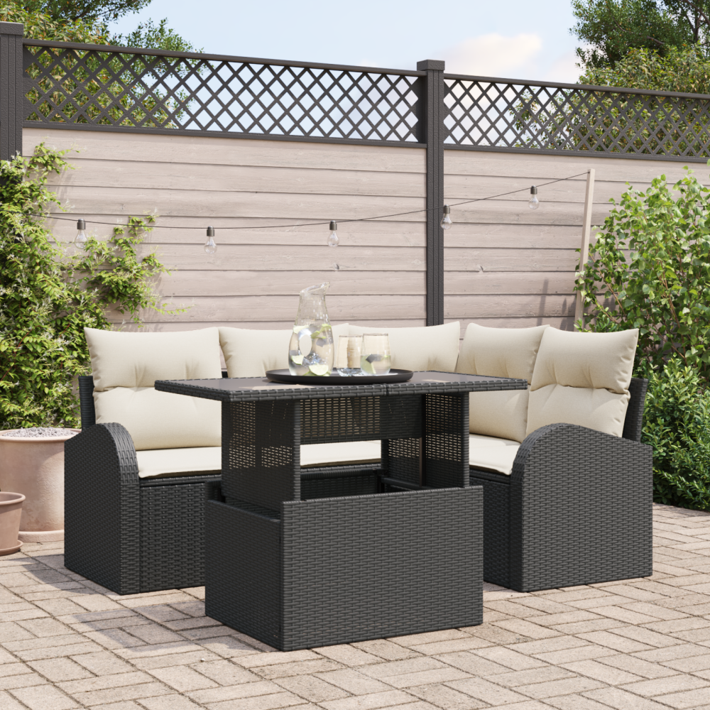 Produktbild för Trädgårdsoffset med kudde med lagring 5 pcs Svart Poly rattan