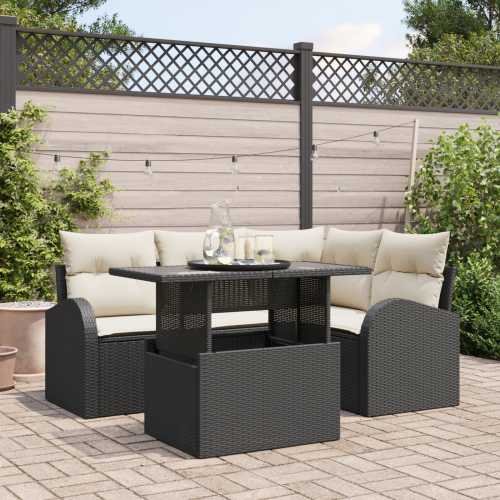 vidaXL Trädgårdsoffset med kudde med lagring 5 pcs Svart Poly rattan