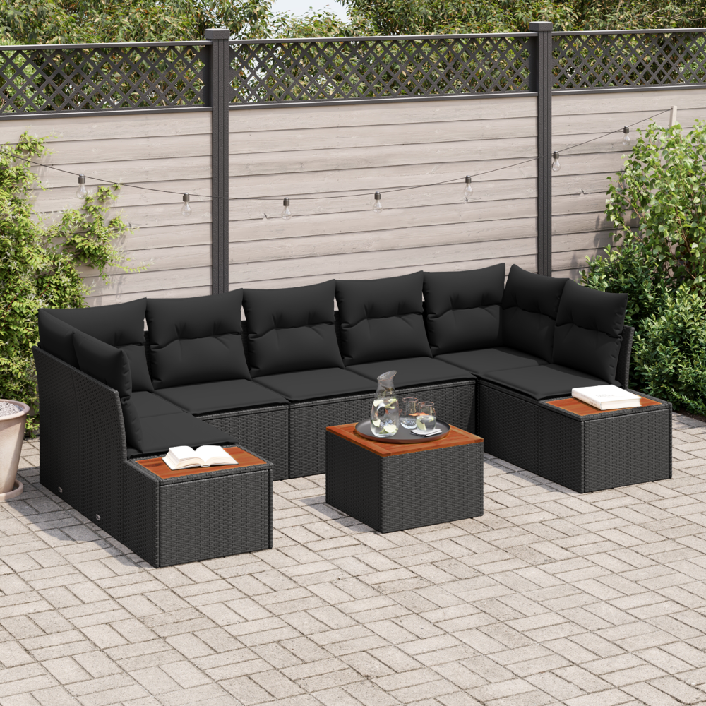 Produktbild för Trädgårdsoffset med kudde 8 pcs Svart Poly rattan