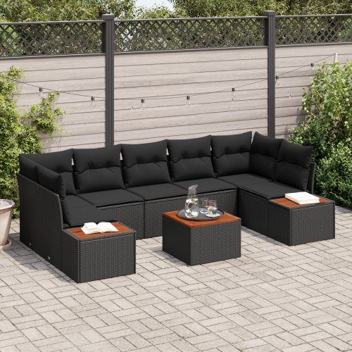 vidaXL Trädgårdsoffset med kudde 8 pcs Svart Poly rattan