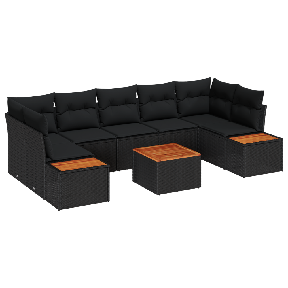 Produktbild för Trädgårdsoffset med kudde 8 pcs Svart Poly rattan