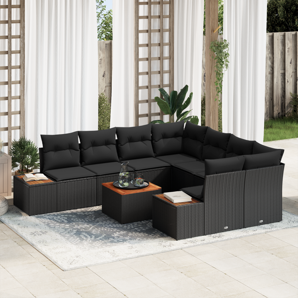 Produktbild för Trädgårdsoffset med kudde 9 pcs Svart Poly rattan