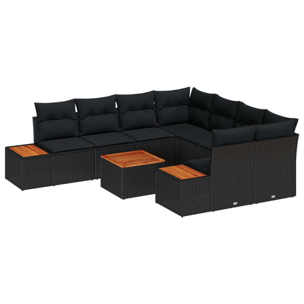 Produktbild för Trädgårdsoffset med kudde 9 pcs Svart Poly rattan