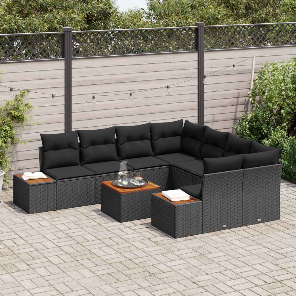 Produktbild för Trädgårdsoffset med kudde 9 pcs Svart Poly rattan