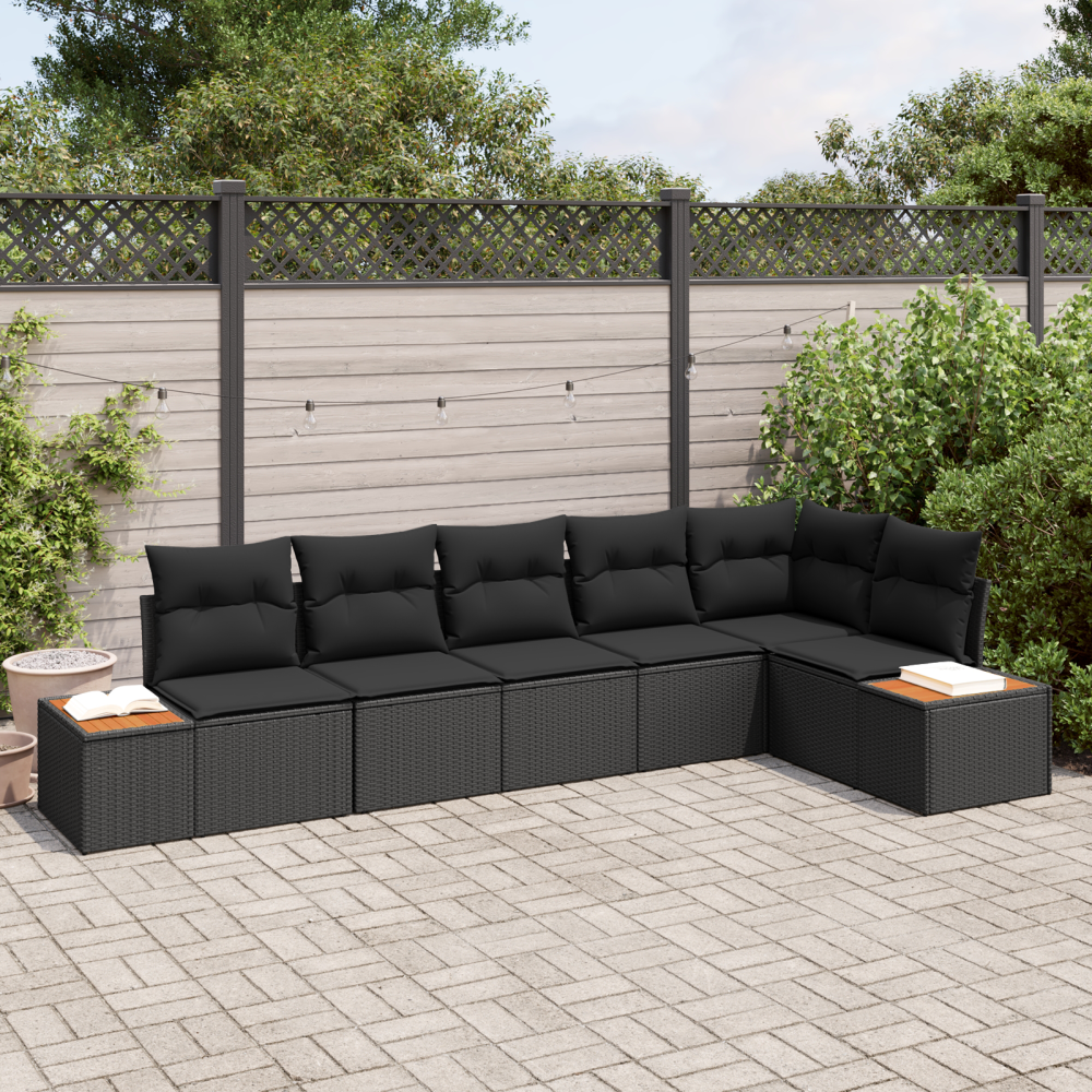 Produktbild för Trädgårdsoffset med kudde 6 pcs Svart Poly rattan