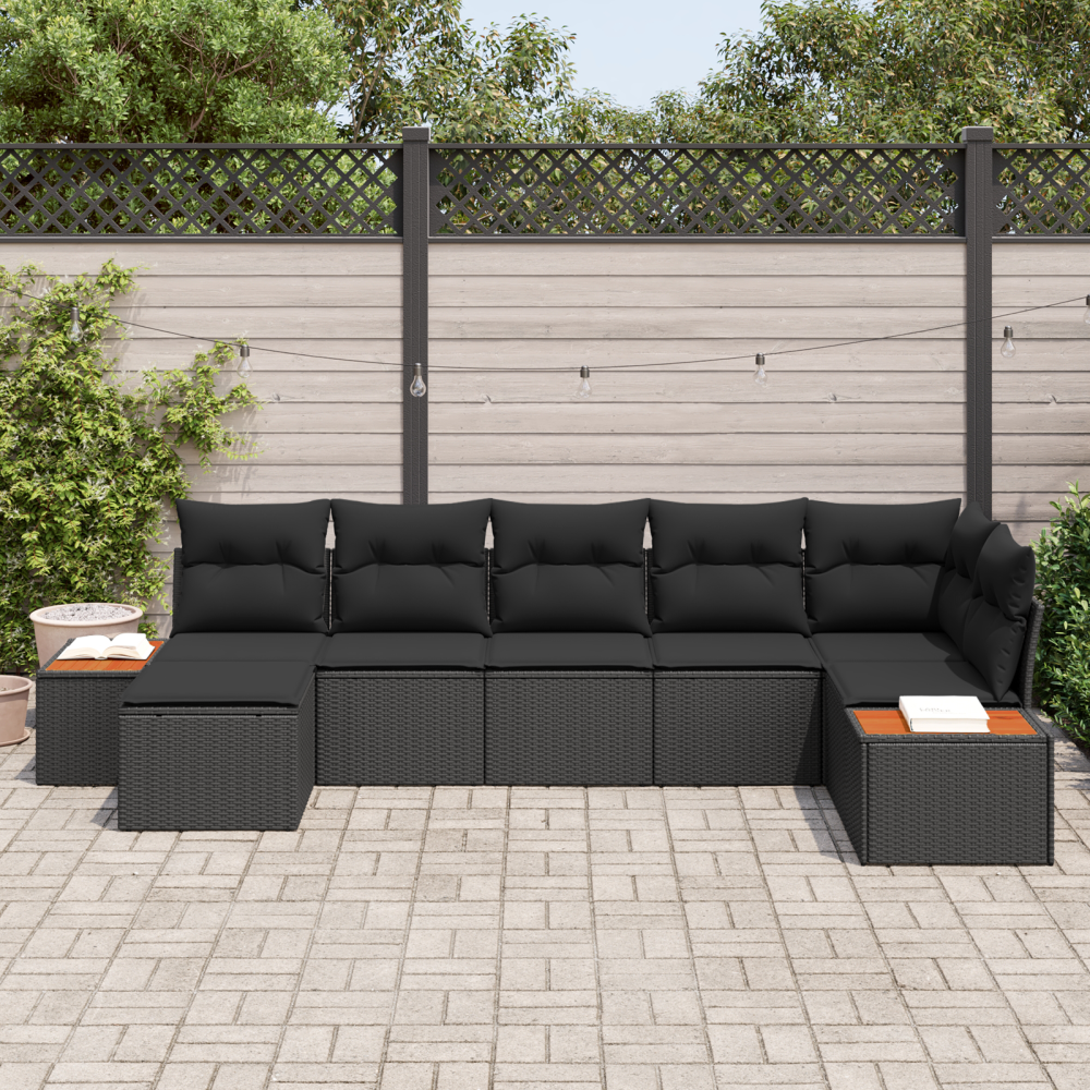 Produktbild för Trädgårdsoffset med kudde 7 pcs Svart Poly rattan