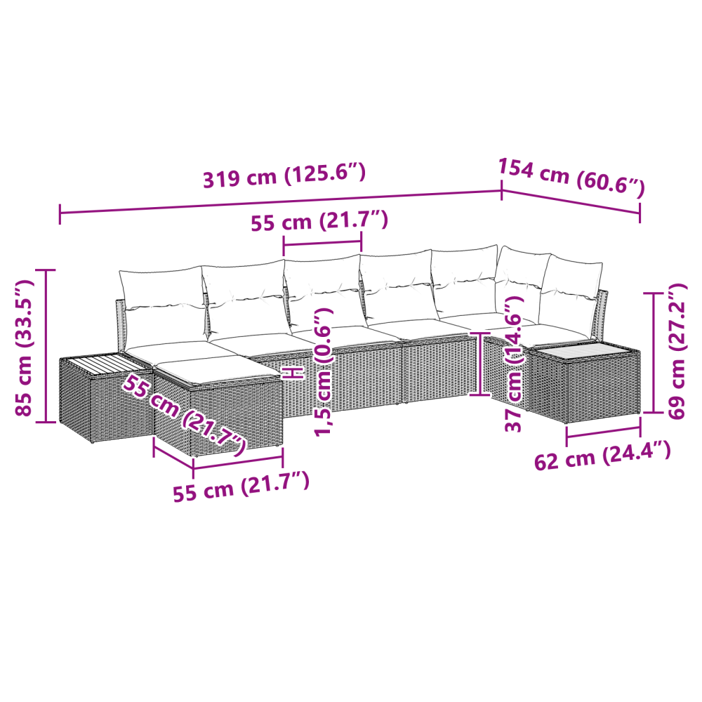 Produktbild för Trädgårdsoffset med kudde 7 pcs Svart Poly rattan