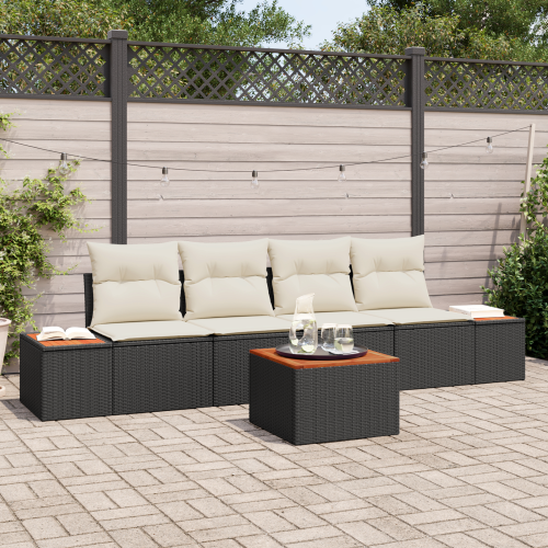 vidaXL Trädgårdsoffset med kudde med lagring 5 pcs Svart Poly rattan
