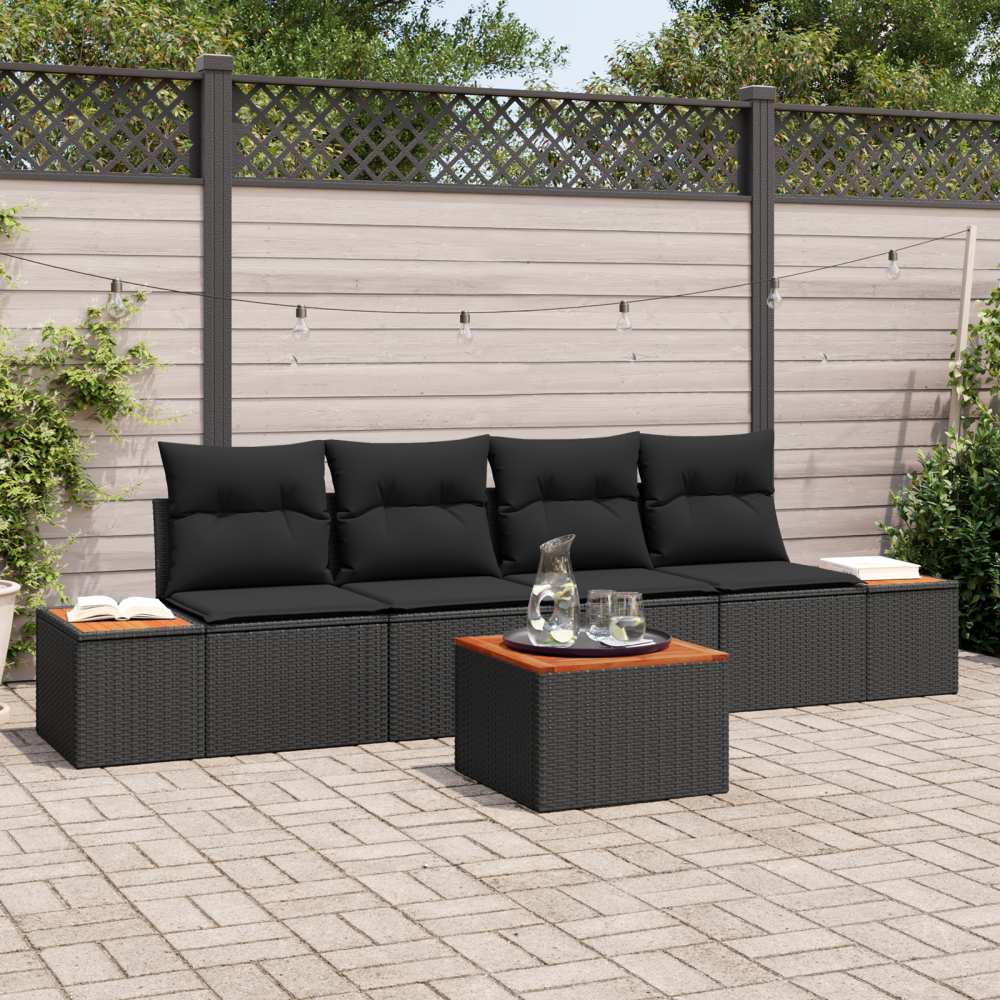Produktbild för Trädgårdsoffset med kudde med lagring 5 pcs Svart Poly rattan