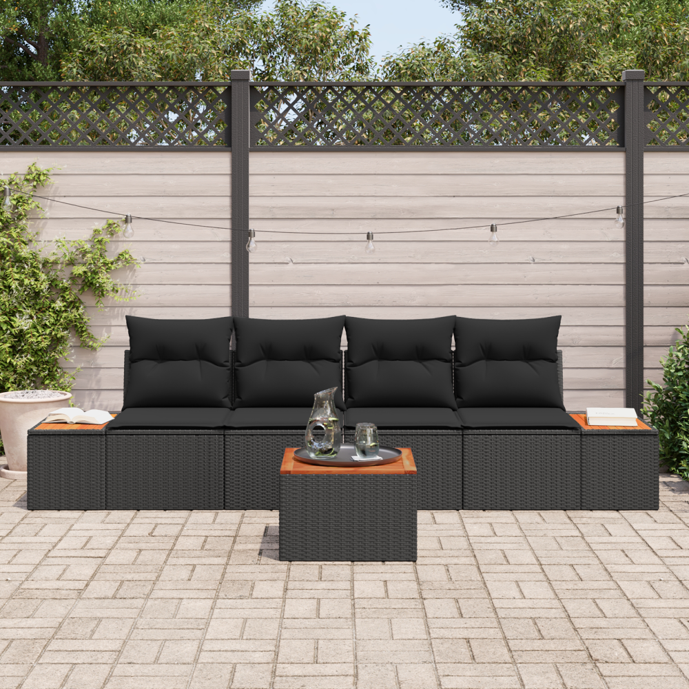 Produktbild för Trädgårdsoffset med kudde med lagring 5 pcs Svart Poly rattan